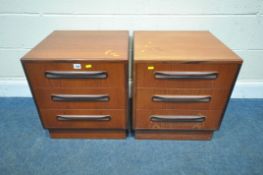 G PLAN, A PAIR OF MID CENTURY FRESCO TEAK THREE DRAWER BEDSIDE CHESTS, width 49cm x depth 46cm x