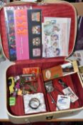 A VINTAGE CASE OF MISCELLANEOUS ITEMS to include assorted stamps, a plated royal commemorative
