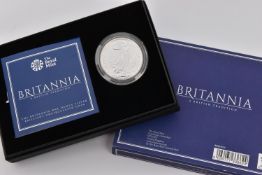 A BOXED ROYAL MINT, BRITANNIA ONE OUNCE SILVER BRILLIANT UNCIRCULATED COIN, with box and COA