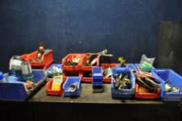 TWENTY ONE PLASTIC WORKSHOP TRAYS containing tools and hardware including drill bits, hammers,