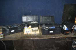 FIVE PLASTIC TOOLBOXES CONTAINING POWER TOOLS including Power Craft angle grinder, reciprocating saw