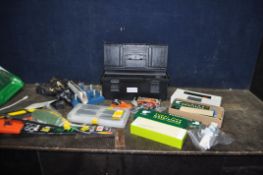 A TOOLBOX CONTAINING CARPENTRY TOOLS including a Stanley block plane, two sets of Ice Bear