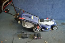 A SPEAR AND JACKSON S4040X2CR CORDLESS LAWN MOWER with grass box, charger and two 40v batteries (PAT