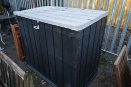A PLASTIC OUTDOOR STORAGE SHED, with a hinged top and two double doors, width 144cm x depth 82cm x