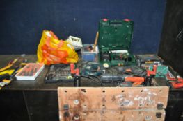 A SELECTION OF POWER TOOLS AND A BAG OF HAND TOOLS, including a Bosch PSB-18Li cordless drill with