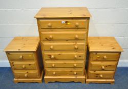 A MODERN PINE CHEST OF SIX DRAWERS, width 64cm x depth 42cm x height 111cm, along with a pair of