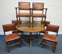 A REPRODUCTION OAK CIRCULAR PEDESTAL TABLE, diameter 112cm x height 74cm, along with a set of six
