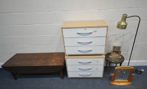 A PAIR OF MODERN THREE DRAWER BEDSIDE CHESTS, width 73cm x depth 42cm x height 56cm, a drop leaf