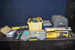 A COLLECTION OF TOOLS AND WORKBENCHES including a Work Zone 12v multi tool (PAT pass and working), a