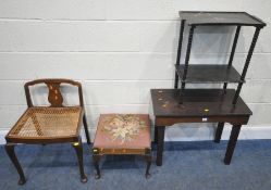 AN EARLY 20TH CENTURY MAHOGANY STOOL, with a low back rest, a cane seat, raised on front cabriole