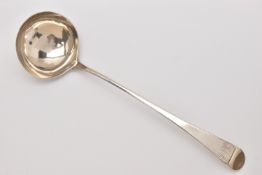 A GEORGE III SILVER SOUP LADLE, fiddle pattern with engraved monogram to the handle, hallmarked '