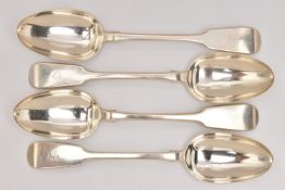 A SET OF FOUR GEORGIAN SILVER FIDDLE PATTERN TABLESPOONS, each engraved with an initial 'S',
