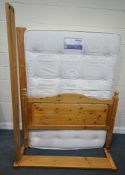 A SLEEPMASTERS ROYAL CROWN ORTHO 4FT6 MATTRESS, along with a pine bedstead, with bolts and slats,