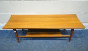 POSSIBLY RICHARD HORNBY, A MID-CENTURY TEAK COFFEE TABLE, with concave ends, raised on square