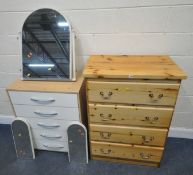 A MODERN PINE CHEST OF FOUR DRAWERS, width 76cm x depth 45cm x height 109cm, a chest of five