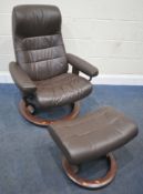 EKORNES STRESSLESS, A BROWN LEATHER SWIVEL RECLINING ARMCHAIR, width 75cm x depth 72cm x height