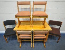 A MODERN PINE RECTANGULAR TABLE, width 122cm x depth 74cm x height 76cm, a set of four matching