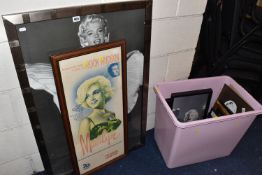 FILM AND MUSIC MEMORABILIA ETC, to include Marilyn Monroe prints, 3D prints and prints on tin, black
