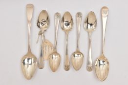 FIVE GEORGIAN SILVER TEASPOONS AND TWO OTHERS, five Old English Pattern teaspoons each with engraved