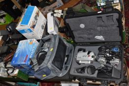 THREE BOXES AND LOOSE PHOTOGRAPHIC, OPTICAL AND ELECTRICAL EQUIPMENT, to include cased Mako SC100