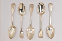 SIX GEORGIAN SILVER FIDDLE PATTERN TABLESPOONS, engraved monograms to the handles, assorted makers