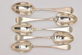 FIVE 19TH CENTURY SILVER TABLESPOONS, Old English pattern, all with engraved initials or crests to