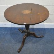 A GEORGIAN OAK CIRCULAR TILT TOP TRIPOD TABLE, raised on a turned support, with three cabriole legs,