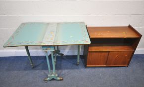 A SMALL SATINWOOD SUTHERLAND TABLE, overpainted teal and foliate designs, open width 105cm x depth