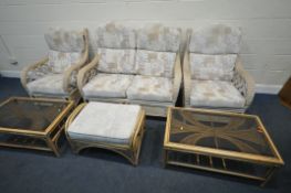 AN MGM RATTAN THREE PIECE CONSERVATORY SUITE, comprising a two seater sofa, length 131cm x depth