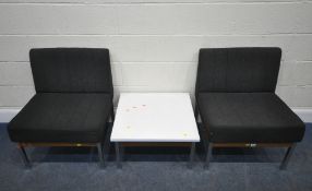 ANTOCKS LAIRN FURNITURE, A PAIR OF BLACK FABRIC UPHOLSTERED CHAIRS, raised on chrome legs, width