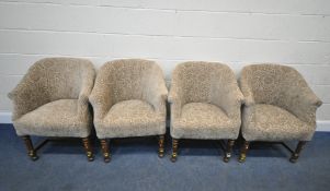 A SET OF FOUR TUB CHAIRS, with beige foliate upholstery, raised on oak leg, width 63cm x depth