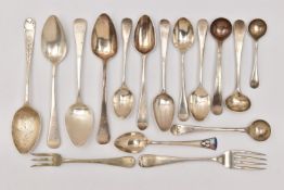 A BAG OF ASSORTED CUTLERY PIECES, to include ten teaspoons, a pickle fork, a cake fork, salt spoon