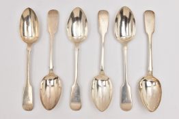 A SET OF SIX SILVER VICTORIAN FIDDLE PATTERN TABLESPOONS, each with an engraved initial to the