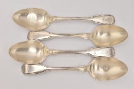 FOUR SILVER FIDDLE AND THREAD PATTERN TABLESPOONS, three engraved with an initial 'J' the other with
