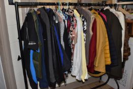 A LARGE QUANTITY OF LADIES AND GENTLEMENS CLOTHING, ladies to include blouses, jackets, overcoats,
