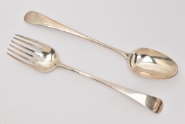 A SILVER SERVING FORK AND SPOON, Old English pattern serving fork with engraved monogram, worn
