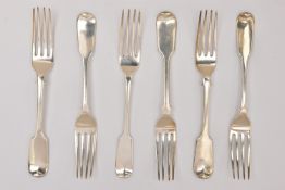 SIX GEORGIAN/VICTORIAN SILVER FIDDLE PATTERN DESSERT FORKS, polished forms, each with a full