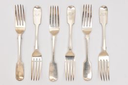 SIX VICTORIAN SILVER FIDDLE PATTERN TABLEFORKS, with engraved monograms to the terminals, five