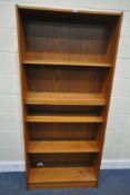 A MID-CENTURY TEAK OPEN BOOKCASE, width 85cm x depth 29cm x height 189cm, condition report: some