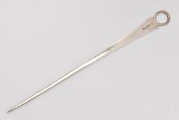 A GEORGE III SILVER MEAT SKEWER, tapering form with circular handle, engraved monogram,