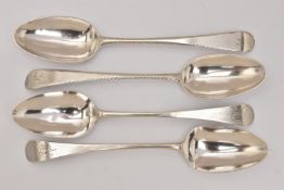 FOUR SILVER 'HESTER BATEMAN' TABLESPOONS, two Old English pattern spoons with feathered rims and