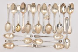 A BAG OF ASSORTED SILVER SPOONS, mostly teaspoons and one fiddle pattern sauce spoon, teaspoons of
