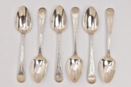 A SET OF SIX GEORGIAN BRIGHT CUT TEASPOONS, with vacant cartouche, hallmarked 'William Bateman II'
