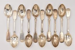 TEN VICTORIAN SILVER FIDDLE PATTERN TEASPOONS, each with engraved initial to the terminal,