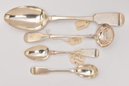 FOUR 19TH CENTURY SILVER CUTLERY PIECES, to include a fiddle pattern sauce ladle, a fiddle pattern