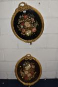 TWO 19TH CENTURY NEEDLEWORK PICTURES, comprising floral still life pictures composed of woollen
