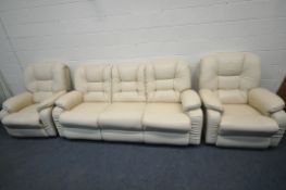 LA Z BOY, A CREAM LEATHER THREE PIECE SUITE, comprising a three seater sofa, length 218cm x depth