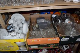 FIVE BOXES AND LOOSE CERAMICS, GLASS AND MISCELLANEOUS, included Muse white and silver dinner and