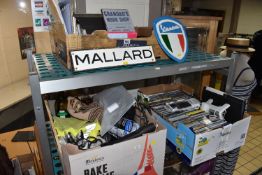 THREE BOXES AND LOOSE MISCELLANEOUS SUNDRIES to include a rectangular cast iron 'Mallard' plaque,
