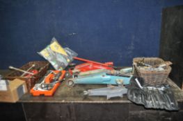 A SELECTION OF AUTOMOTIVE TOOLS including a Halfords and a Viking trolley jacks, spanners,